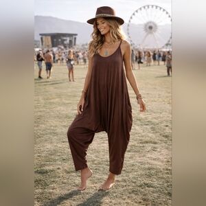 Dreamskull Brown Jumpsuit M Jersey Knit Harem Boho Resort Loungewear Festival Co